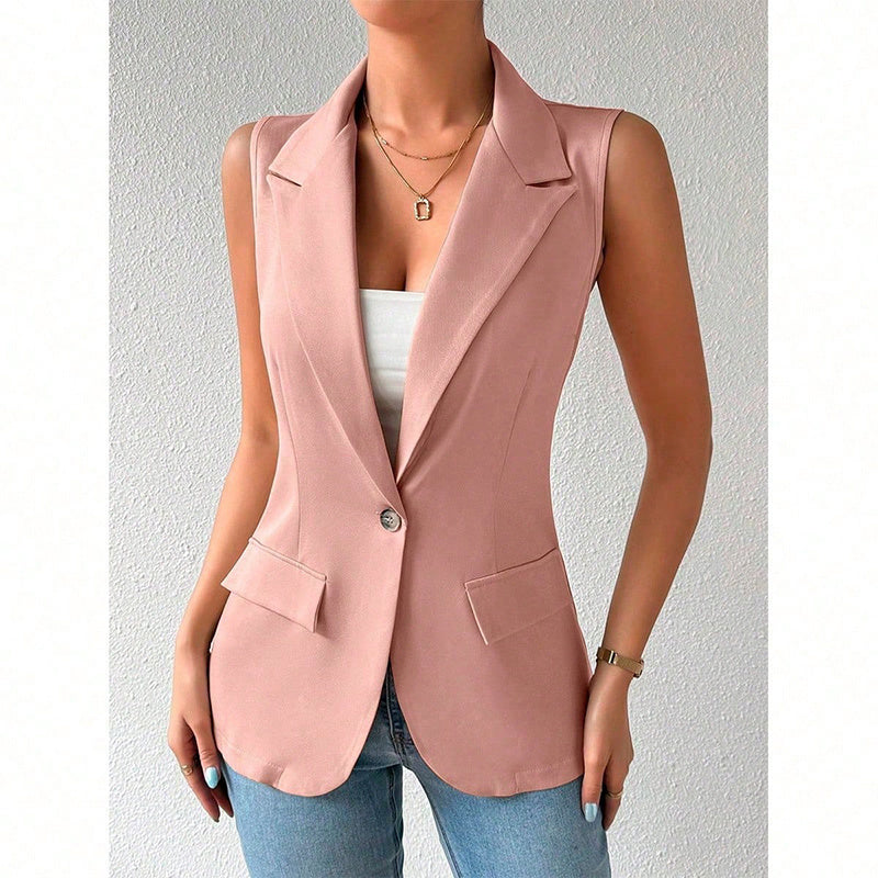 Women's sleeveless blazer vest by FitiqueFit, casual open-front work jacket with tailored fit and versatile office wear style.