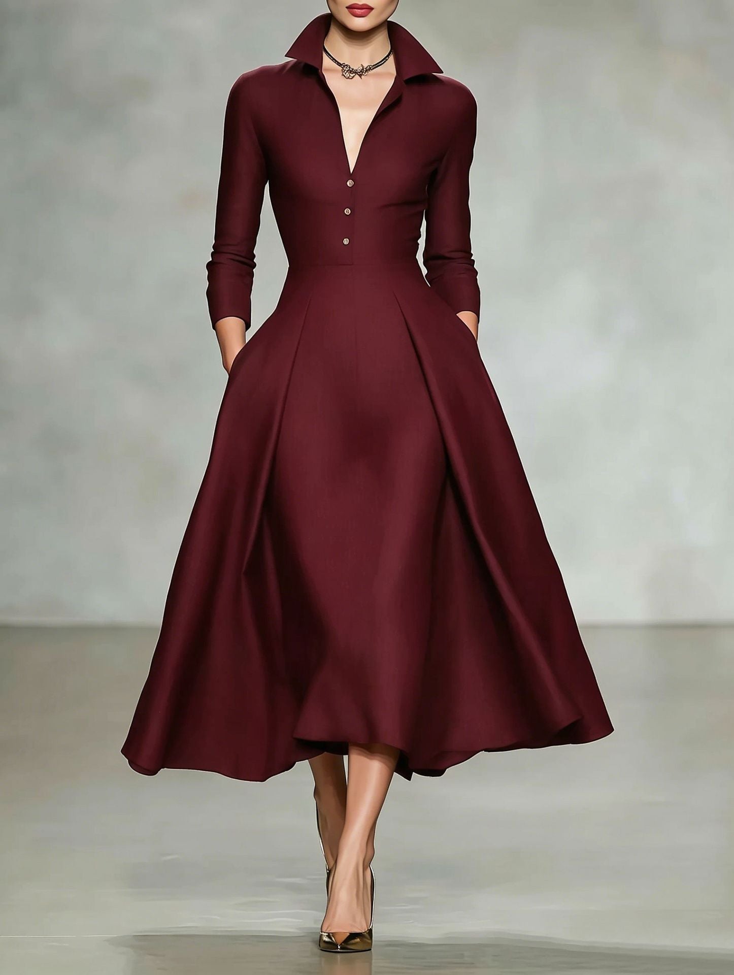 V-neck waist-cinching long sleeve midi dress by FitiqueFit, featuring a flattering silhouette and elegant design.