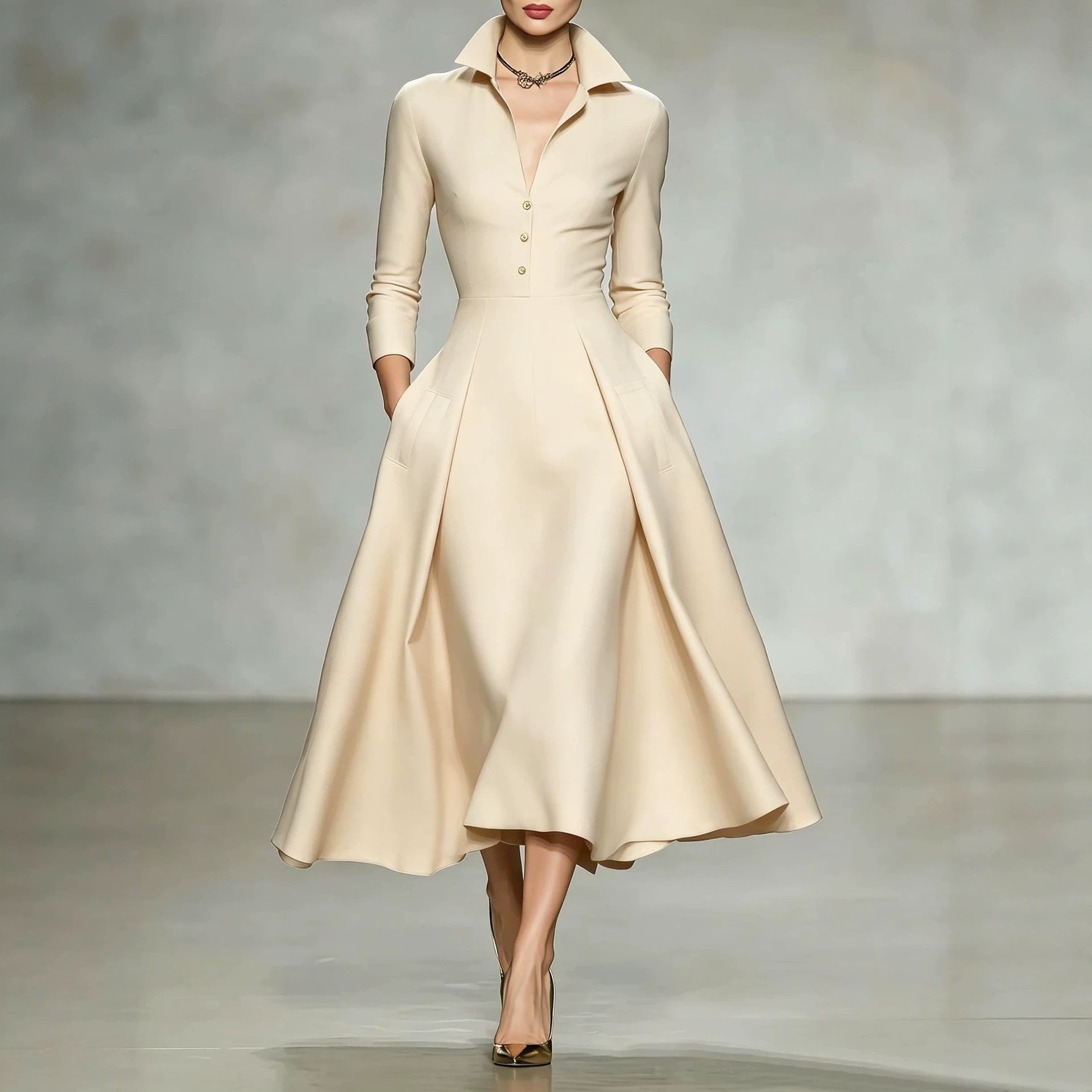 V-neck waist-cinching long sleeve midi dress by FitiqueFit, featuring a fitted silhouette and elegant design.