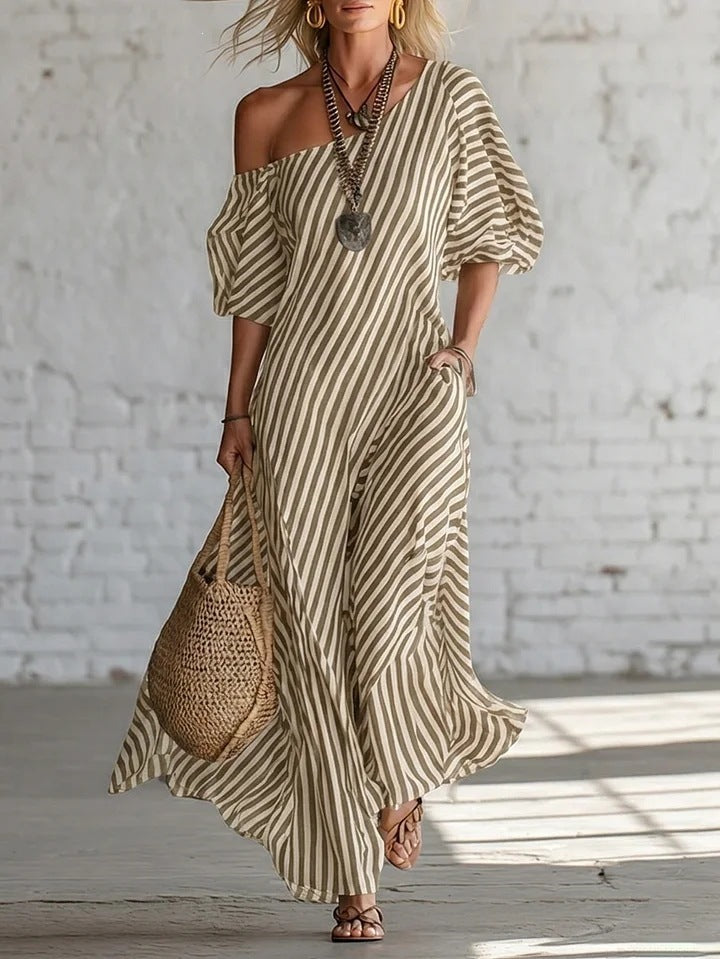 Women's striped off-shoulder midi dress by FitiqueFit, featuring elegant design and stylish stripes perfect for casual or semi-formal wear.