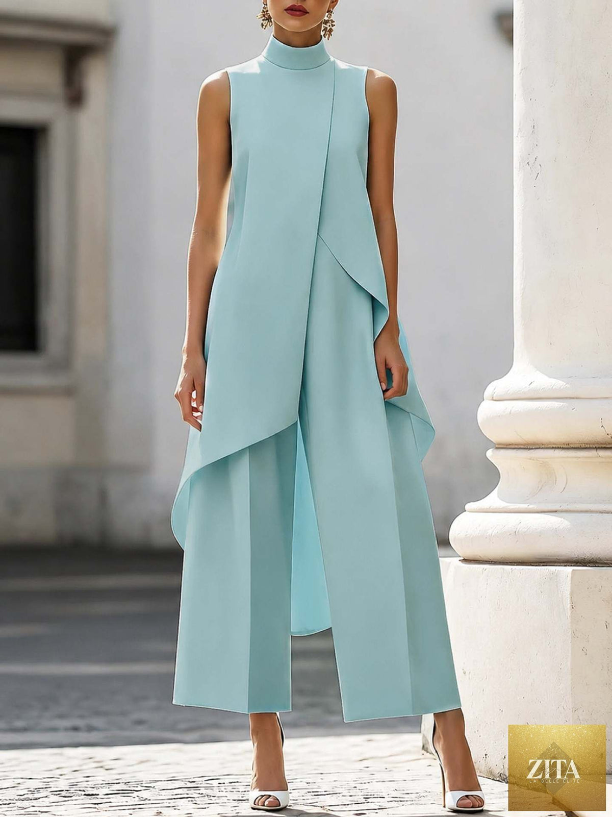 Women's Mock Turtleneck Sleeveless Asymmetric Cascade Drape Longline Top & Wide-Leg Cropped Trouser Set