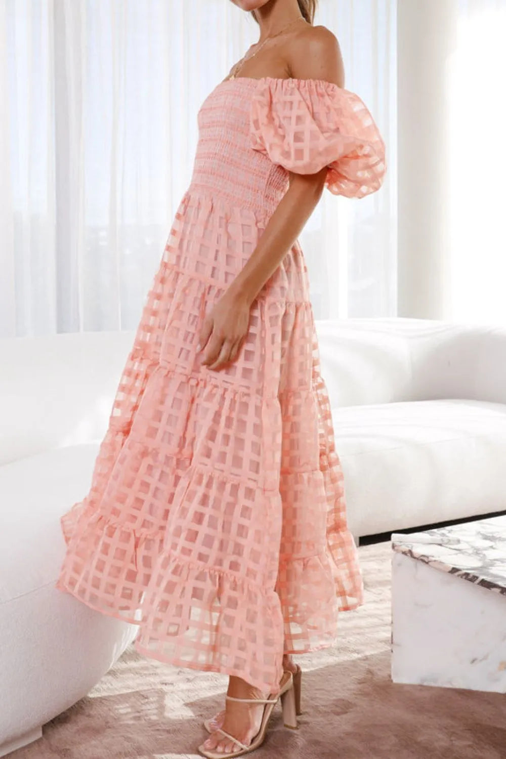 Off shoulder short puff sleeve midi dress by Shopiebay featuring a fitted waist and flowy skirt, perfect for summer occasions.