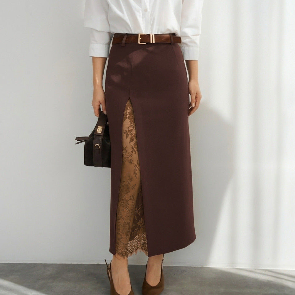 FitiqueFit side slit lace patchwork maxi skirt featuring flowing fabric and intricate lace details.