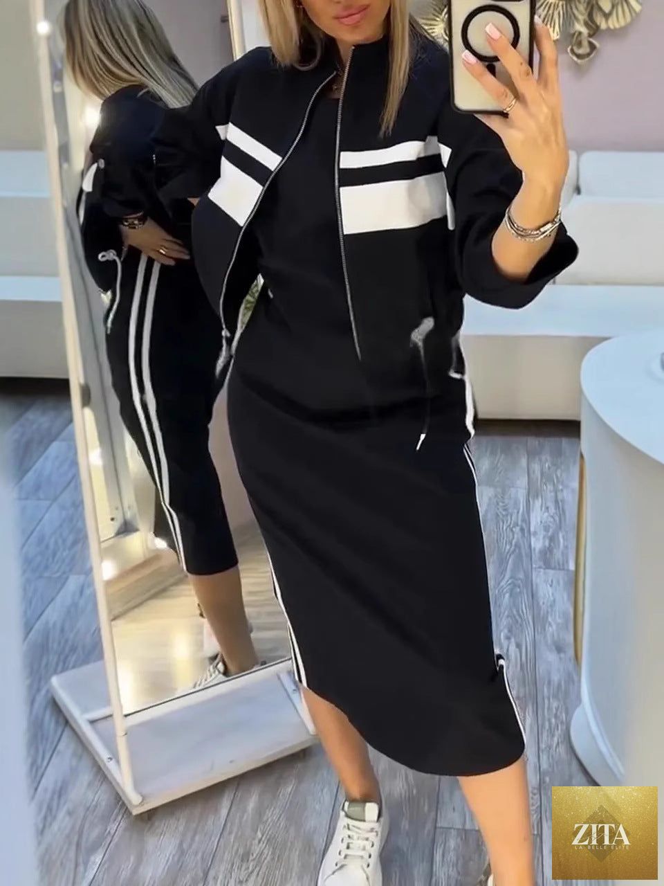 Women's Zip-Up Bomber Track Jacket & Bodycon Midi Dress Set