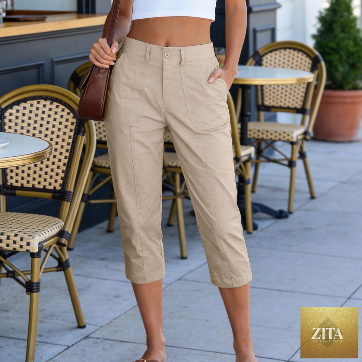 Women's high waist cargo capris with patch pockets, summer casual work pants, by Sell My Stuff, shown in a solid color.
