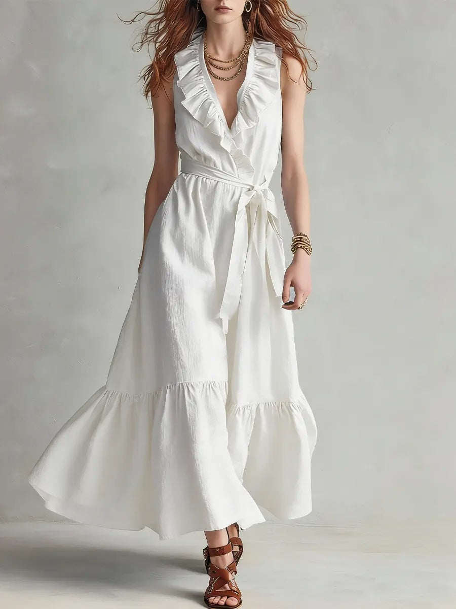 Women's FitiqueFit V-neck sleeveless lace-up panelled maxi dress with wide flare, perfect for casualwear.