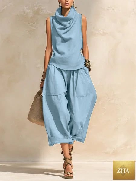 Women's Draped Cowl-Neck Sleeveless Top & Voluminous Balloon Lantern Trouser Set