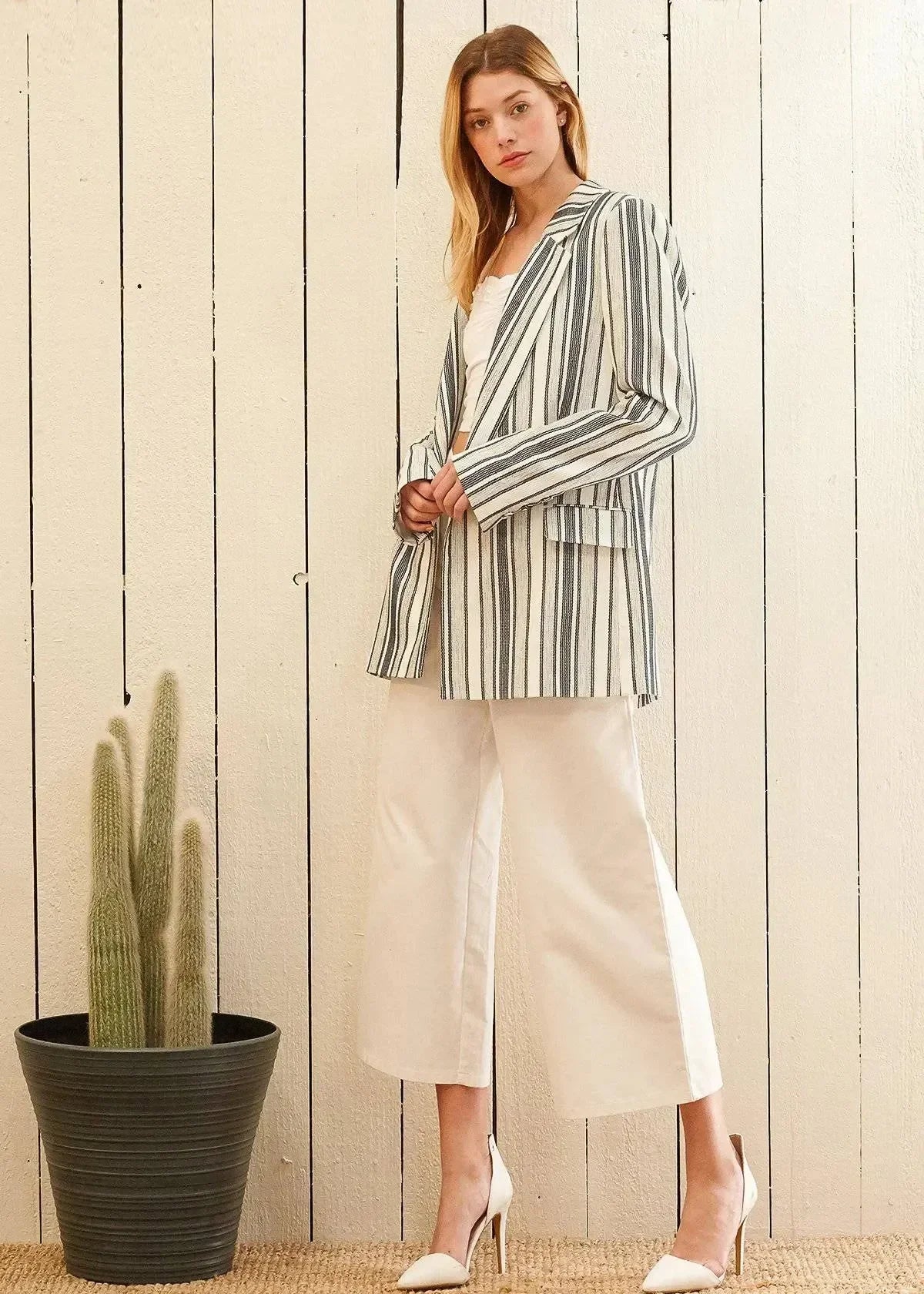 Blue and white stripe blazer by Femstylo, double-breasted tweed jacket featuring tailored fit and classic lapel design.