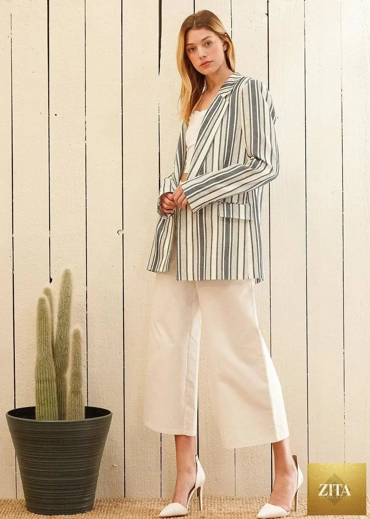 Blue and white striped Femstylo blazer with double-breasted tweed design, tailored fit, and classic lapel collar.