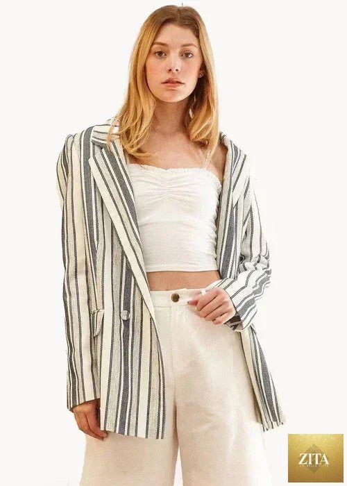 Femstylo blue and white striped blazer, double-breasted tweed jacket with tailored fit and classic lapel details.