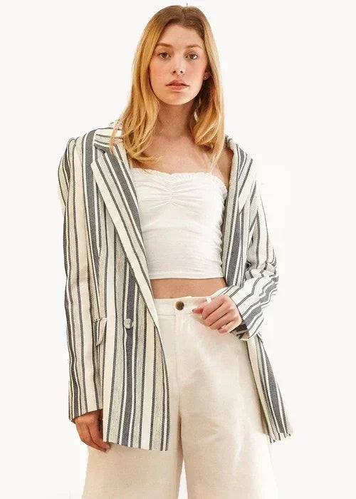 Blue and white striped Femstylo blazer with double-breasted tweed design, stylish jackets and coats for a chic look.