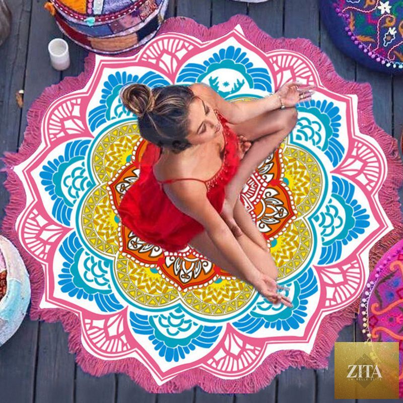 Polygon Printing tassel round bath towel yoga mat with vibrant geometric design and colorful tassels for comfortable yoga practice.