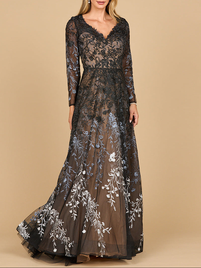 Lara 28878- Long Sleeve V-Neck Ombre Lace Gown