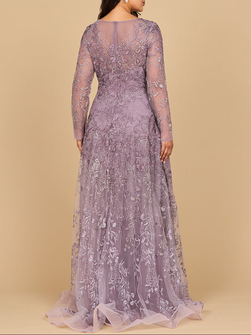 Lara 28878- Long Sleeve V-Neck Ombre Lace Gown