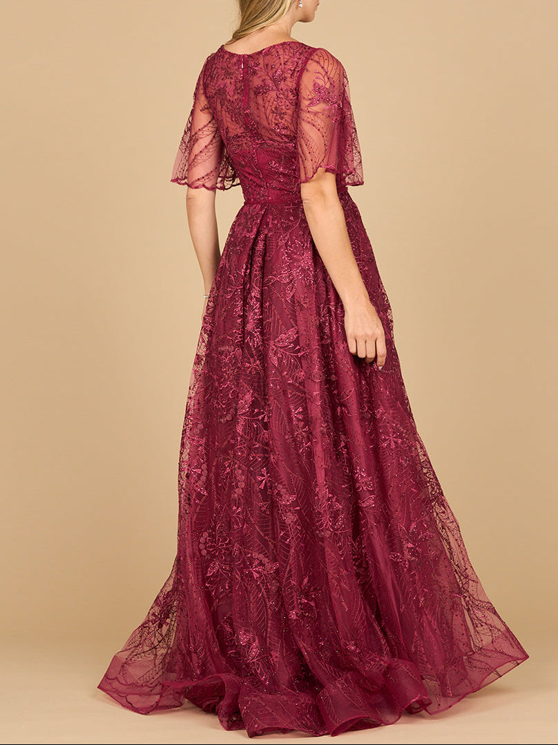 Lara 28880- Overskirt Lace Fitted V-Neck Gown with Cape Sleeves