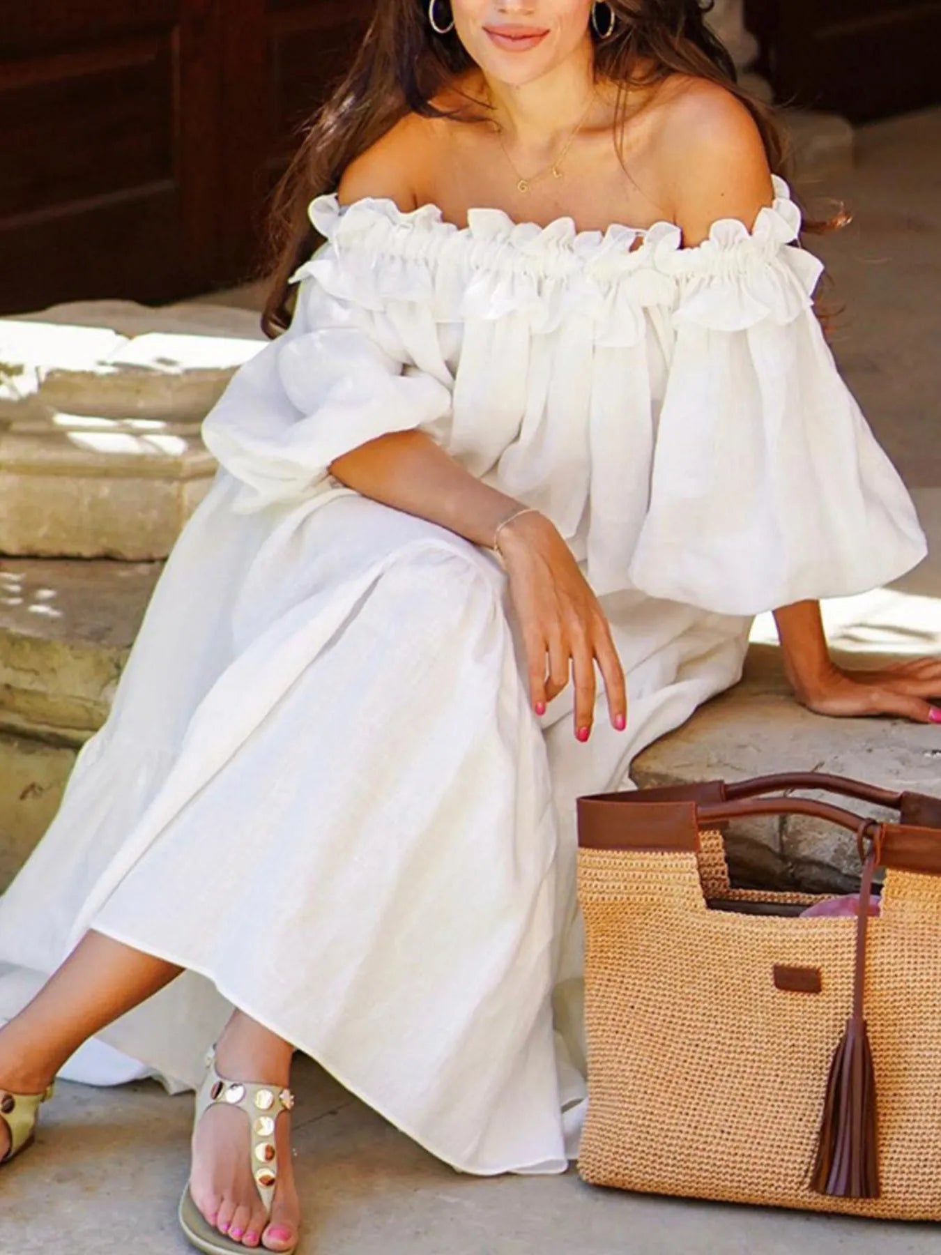 Off-shoulder side slit dress by Shopiebay featuring a flowing silhouette and stylish design, perfect for casual or dressy occasions.