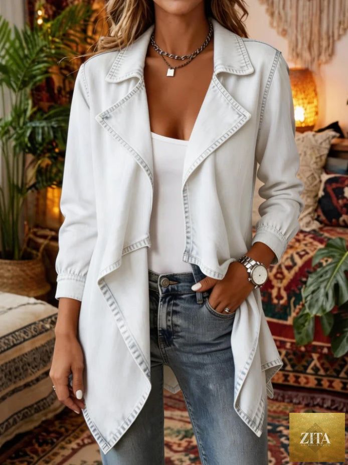 Open-Front Waterfall Hem Denim Trench Jacket