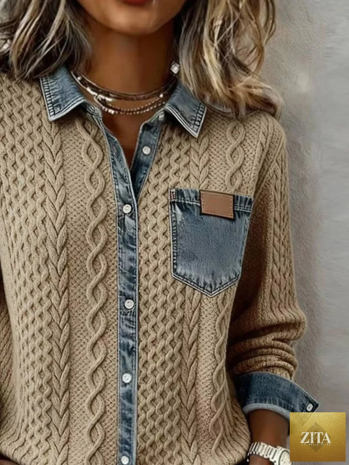 Denim Trim Cable Knit Cardigan