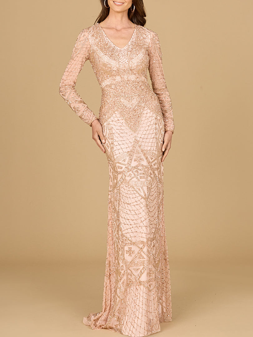 Beaded Long Sleeve V-neck Gown