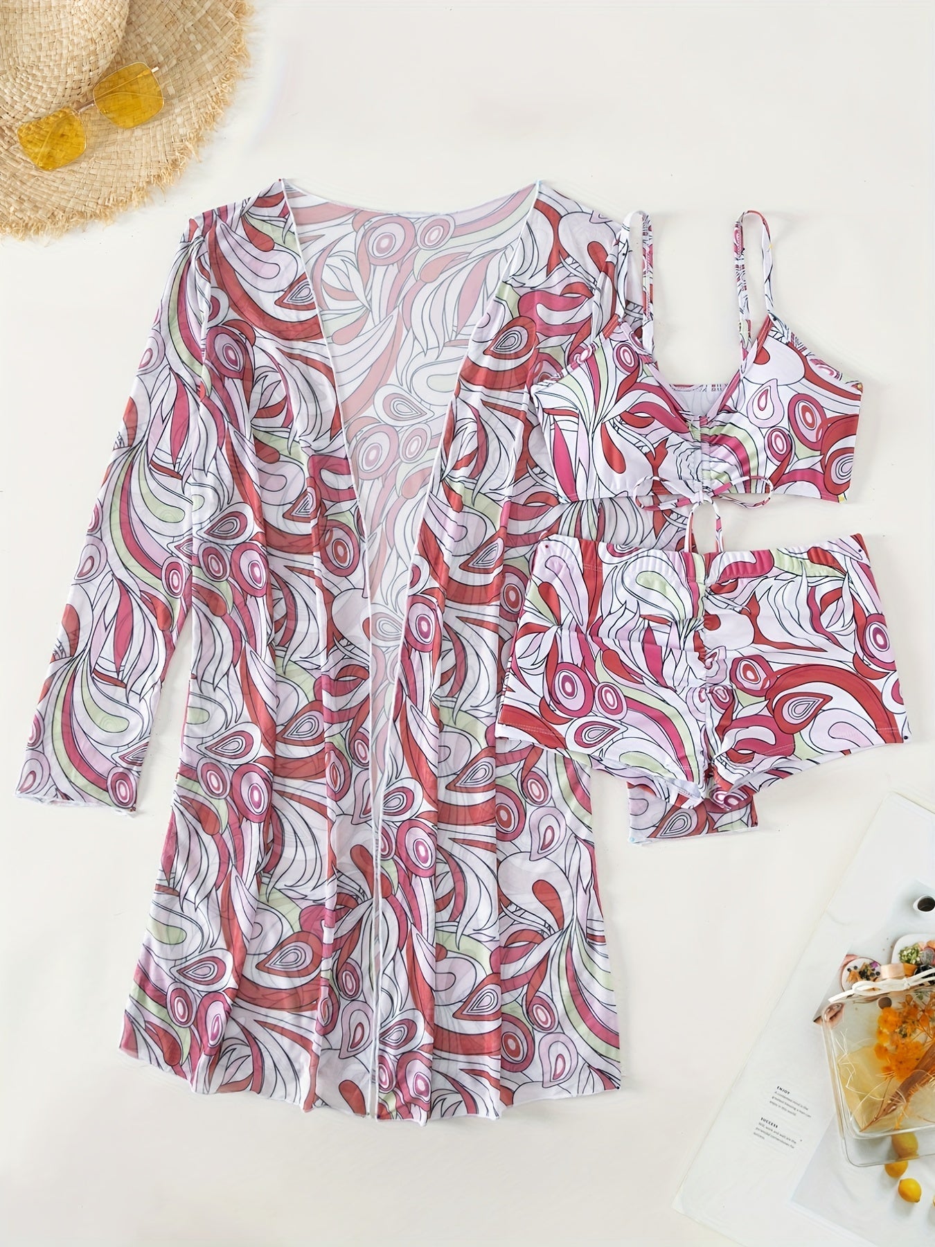 Stevvex Modern Geo 3-Piece Bikini Set with vibrant geometric print, V-neck top, boxer shorts bottoms, and long sleeve cover shirt.