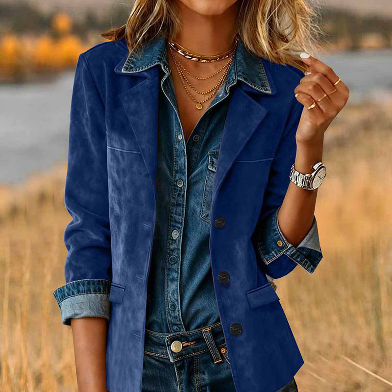 Plus size women's solid color blazer jacket by FitiqueFit, shown in a stylish tailored fit with lapel collar and long sleeves.