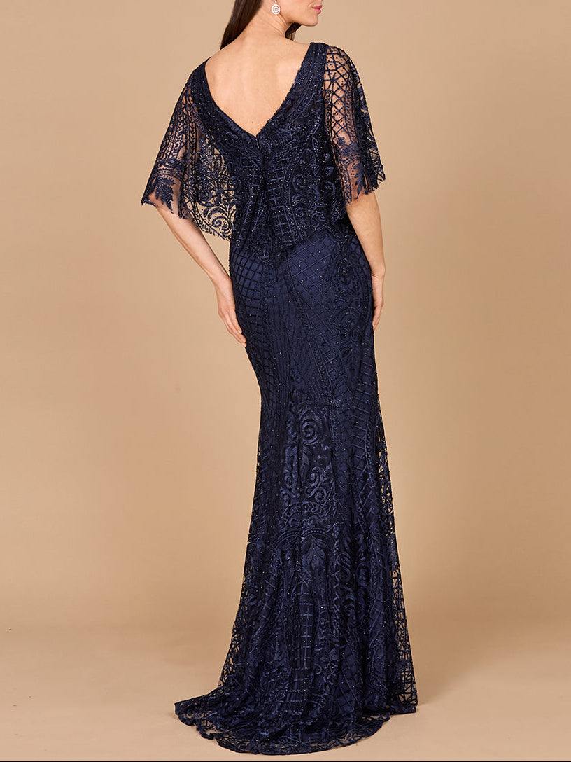 Lara 29673 - Cape Sleeve Mermaid Gown