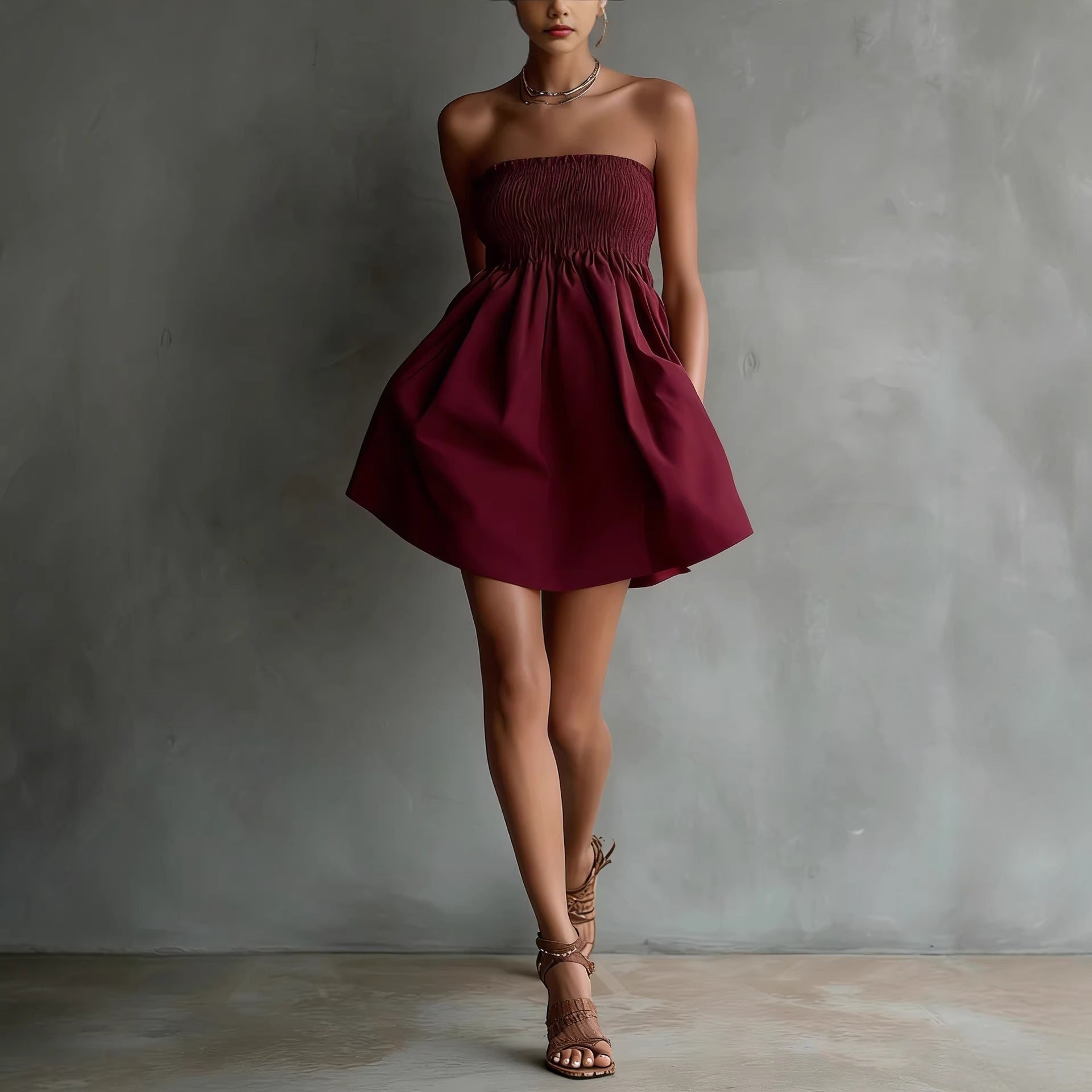 Women’s strapless tube mini dress by FitiqueFit, solid color casualwear with elastic waist and fitted silhouette.