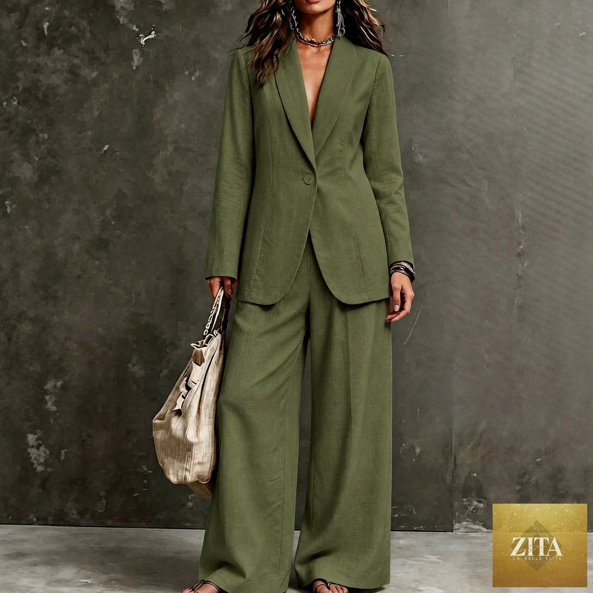 Women's linen-look blazer and wide-leg trouser suit set by MERIDGE, featuring a single-button blazer and matching trousers.