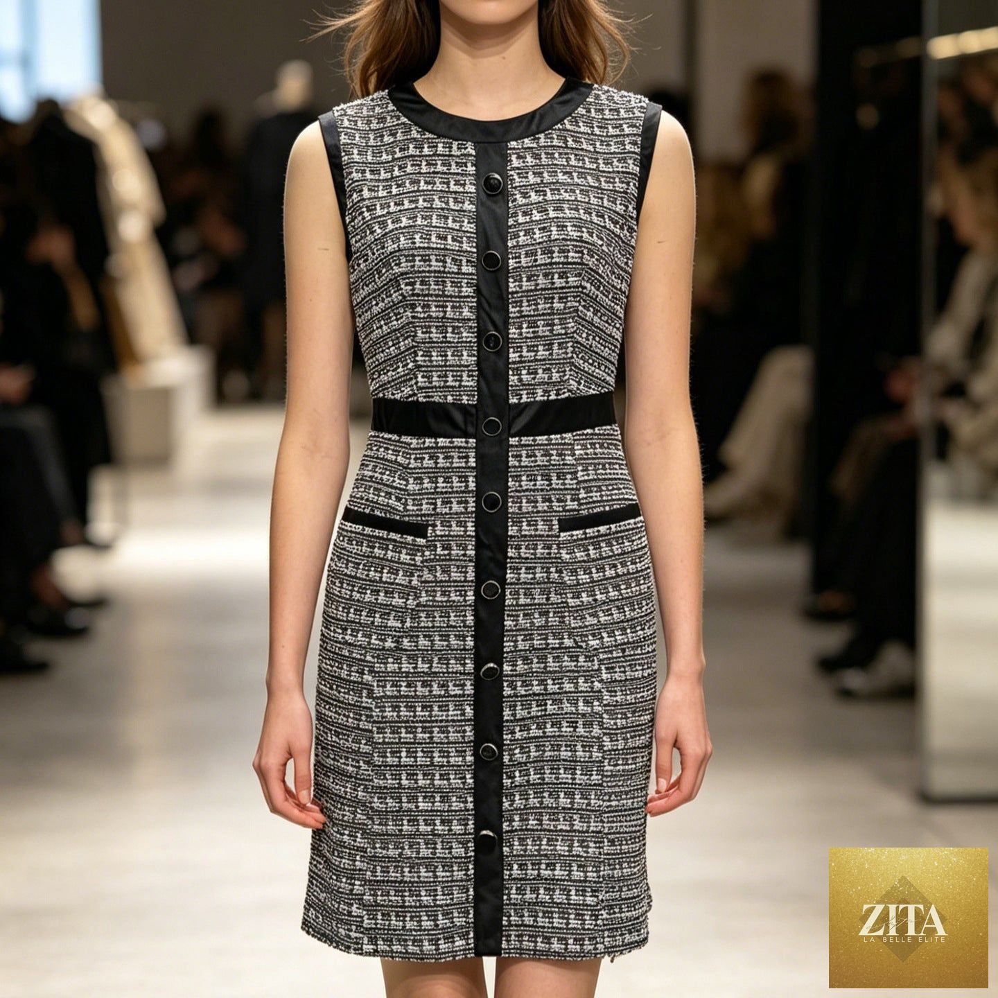 Women's vintage tweed sleeveless A-line mini dress with leather trim vest by FitiqueFit, showcasing a classic and stylish design.