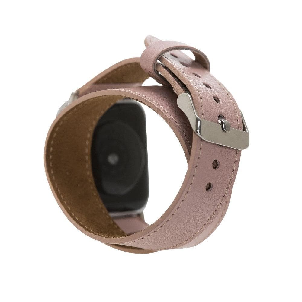 Luxury double wrap pink leather Apple Watch band by LEATHERE, featuring soft, stylish leather design for Apple Watch.