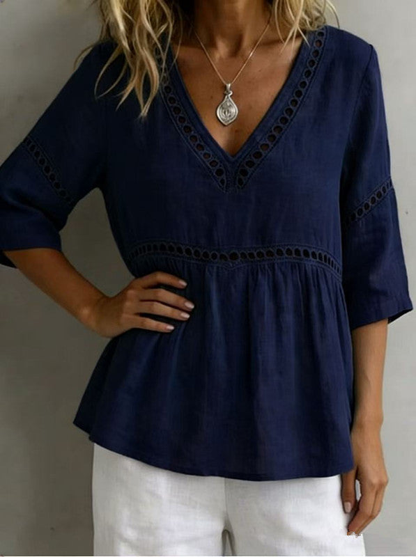 Women's V-neck hollow-out fringe cotton-linen top by FitiqueFit, featuring a relaxed fit and stylish design in soft fabric.