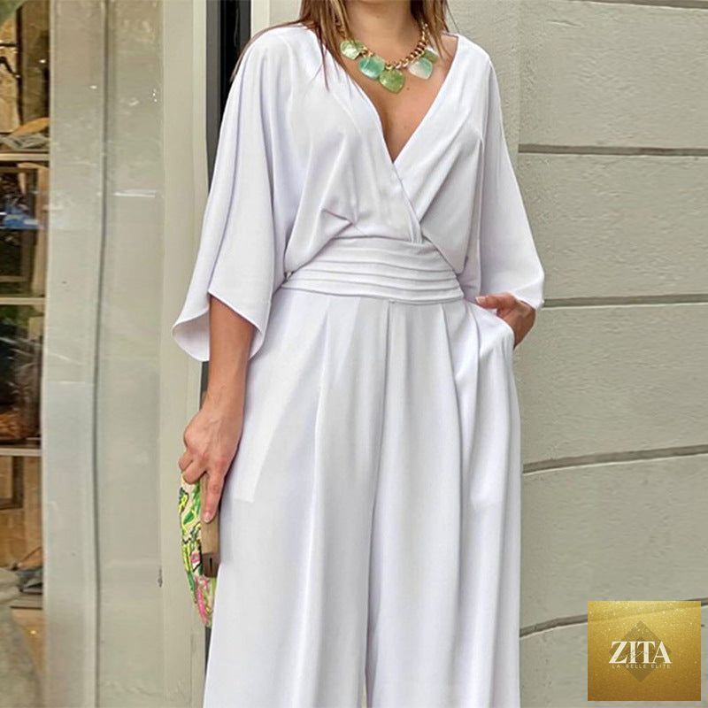 Women's Jumpsuit V-neck Solid Color Summer Trendy Fashion Short-sleeved Street Casual Jumpsuit Suit For Women Clothing