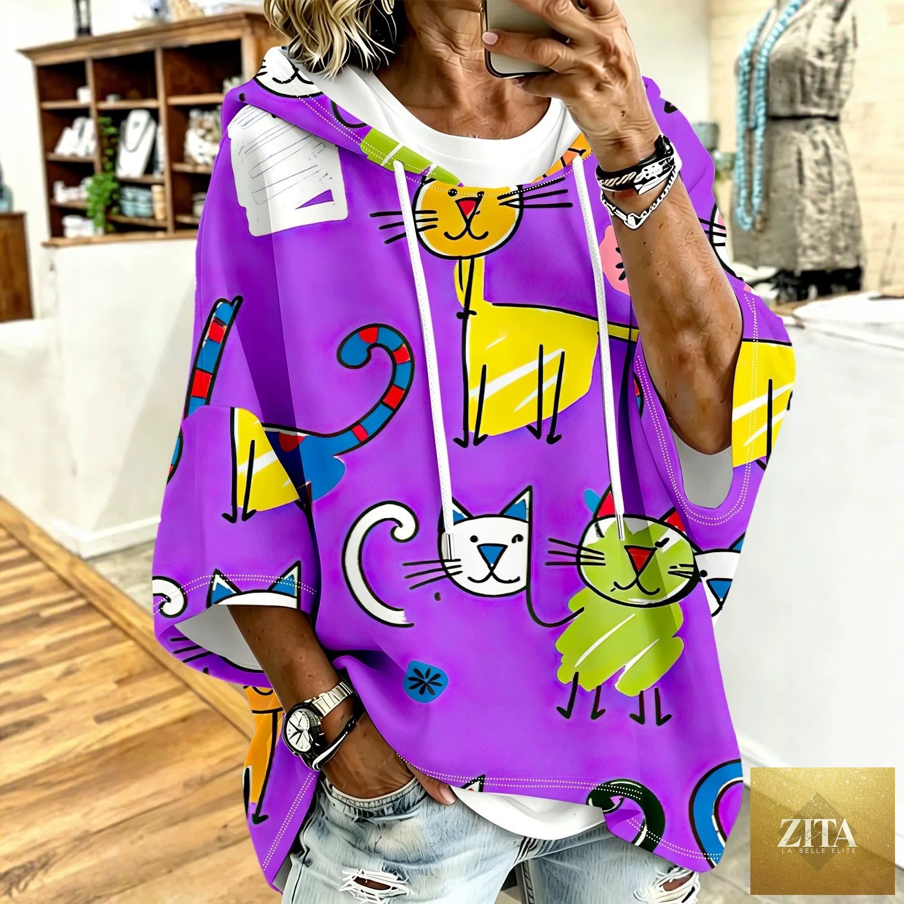 Cartoon Cat Print Hoodie with 3/4 Sleeves & Drawstring
