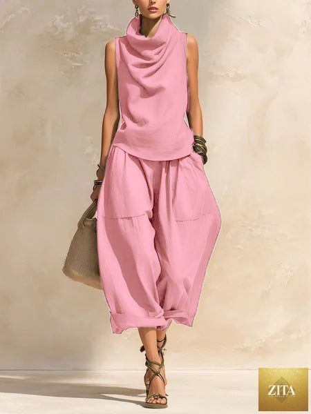 Women's Draped Cowl-Neck Sleeveless Top & Voluminous Balloon Lantern Trouser Set