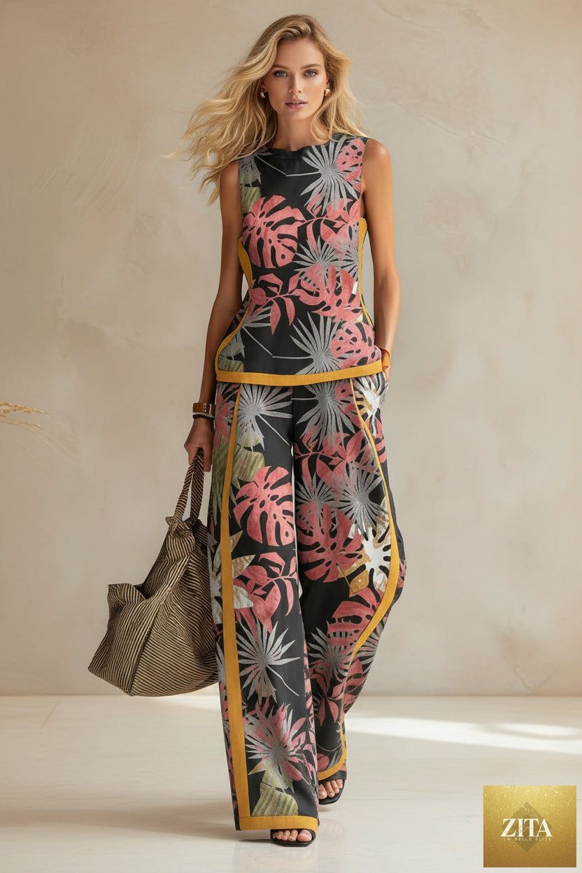 Printed retro sleeveless top and wide-leg pants set by MERIDGE, featuring bold prints in various sizes from S to 5XL.