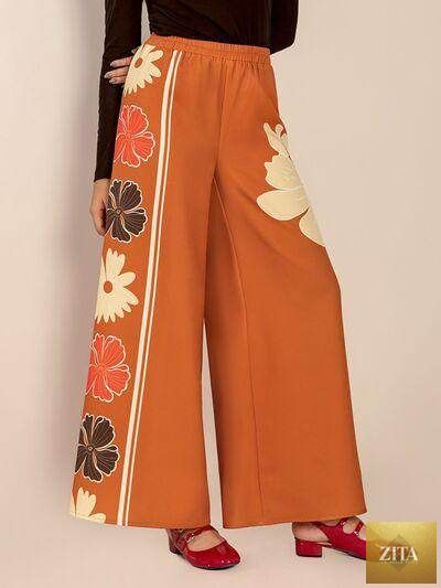 Selvanelle printed elastic waist wide-leg pants with comfortable fit and stylish design, shown on a model.