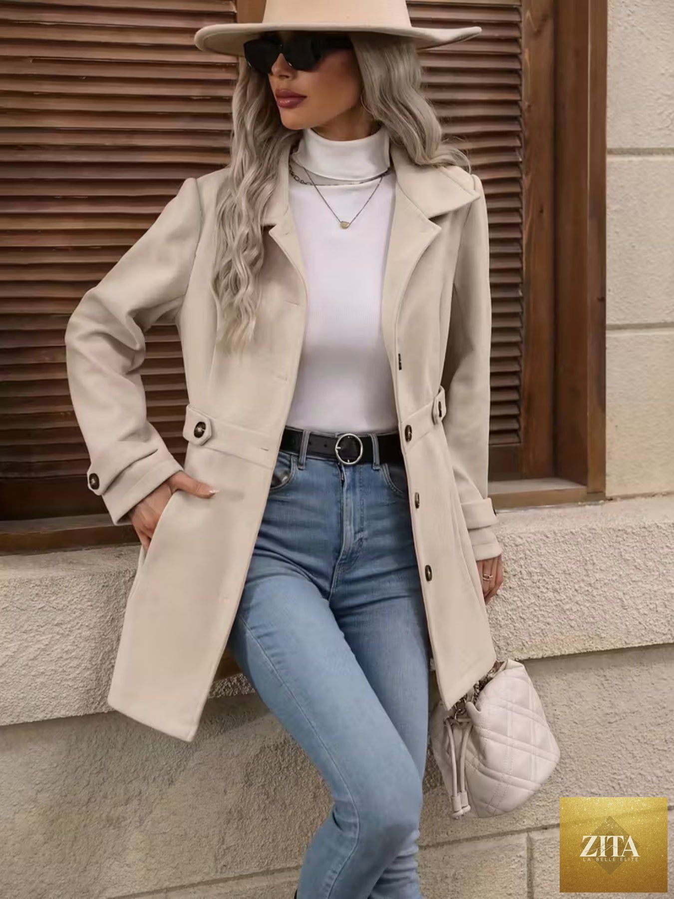 Women’s elegant woolen coat by FitiqueFit, medium-length winter coat with lapel and slim fit design, suitable for stylish cold weather wear.