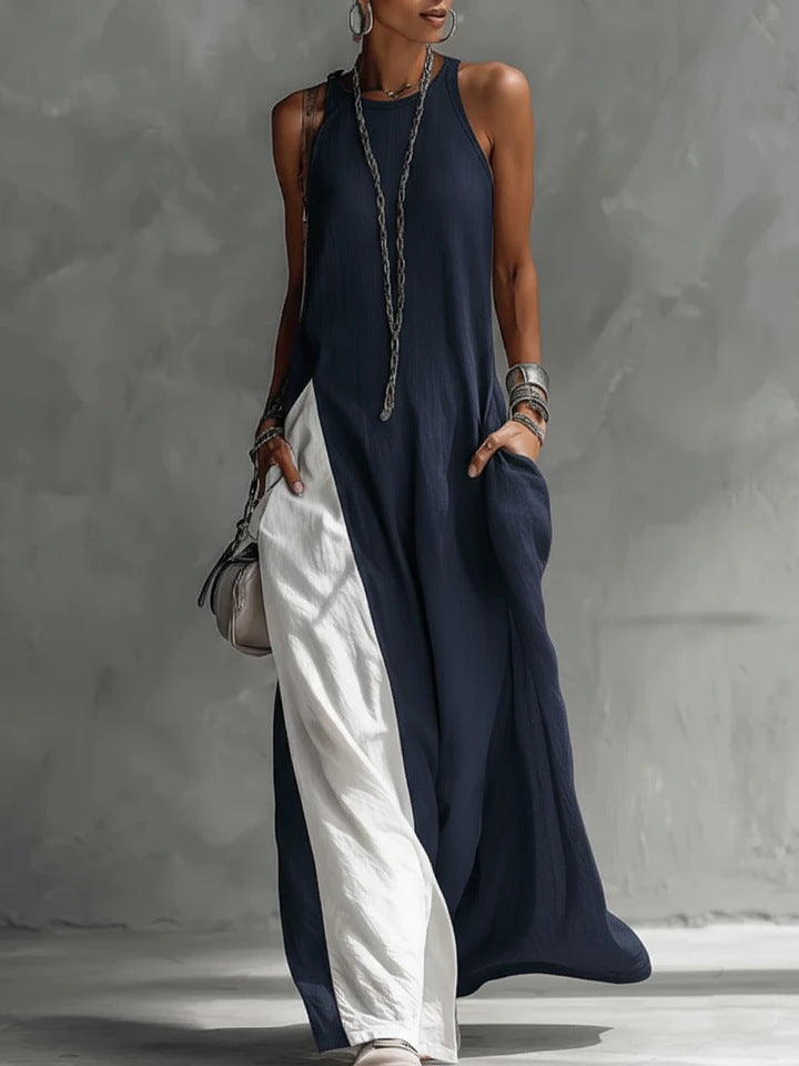 Women's sleeveless off-shoulder loose maxi dress with pockets, casualwear by FitiqueFit, shown on a model in a relaxed outdoor setting.
