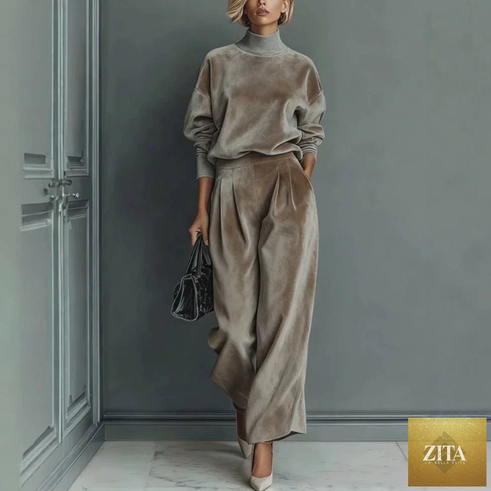 Women's Mock Turtleneck Balloon Sleeve Top & Pleated Wide-Leg Trousers Set