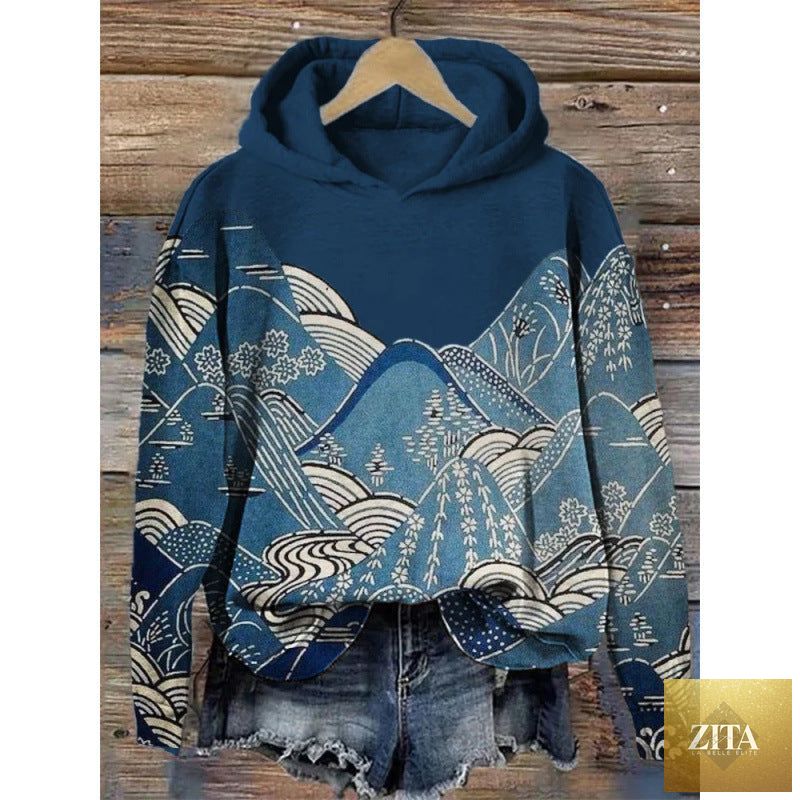 Women’s printed hooded long sleeve sweatshirt by FitiqueFit, featuring a stylish design and comfortable fit.
