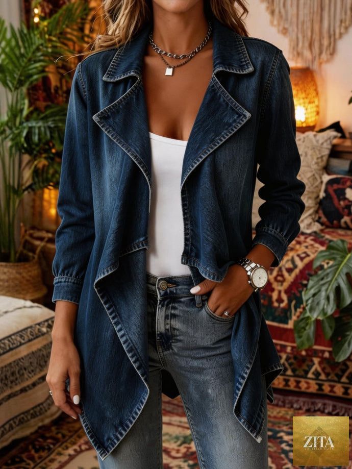 Open-Front Waterfall Hem Denim Trench Jacket