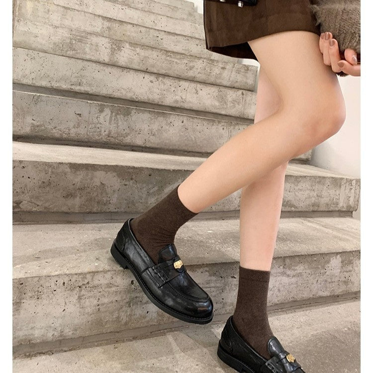Women's British-Style Gold Coin Loafers by FitiqueFit, leather slip-on shoes with block heels and classic design.