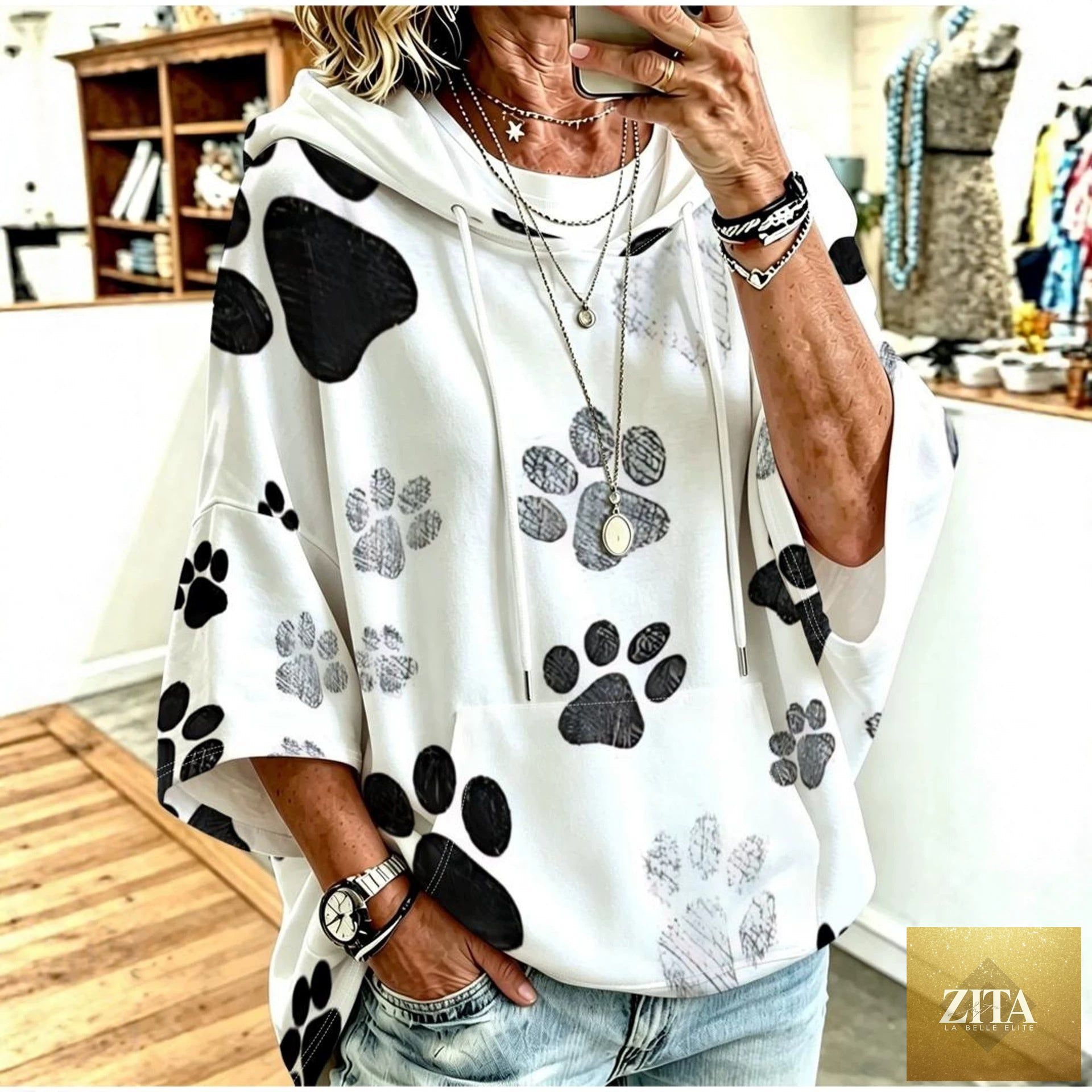 Women's Graphic Print Drawstring Hoodie – Three-Quarter Sleeves