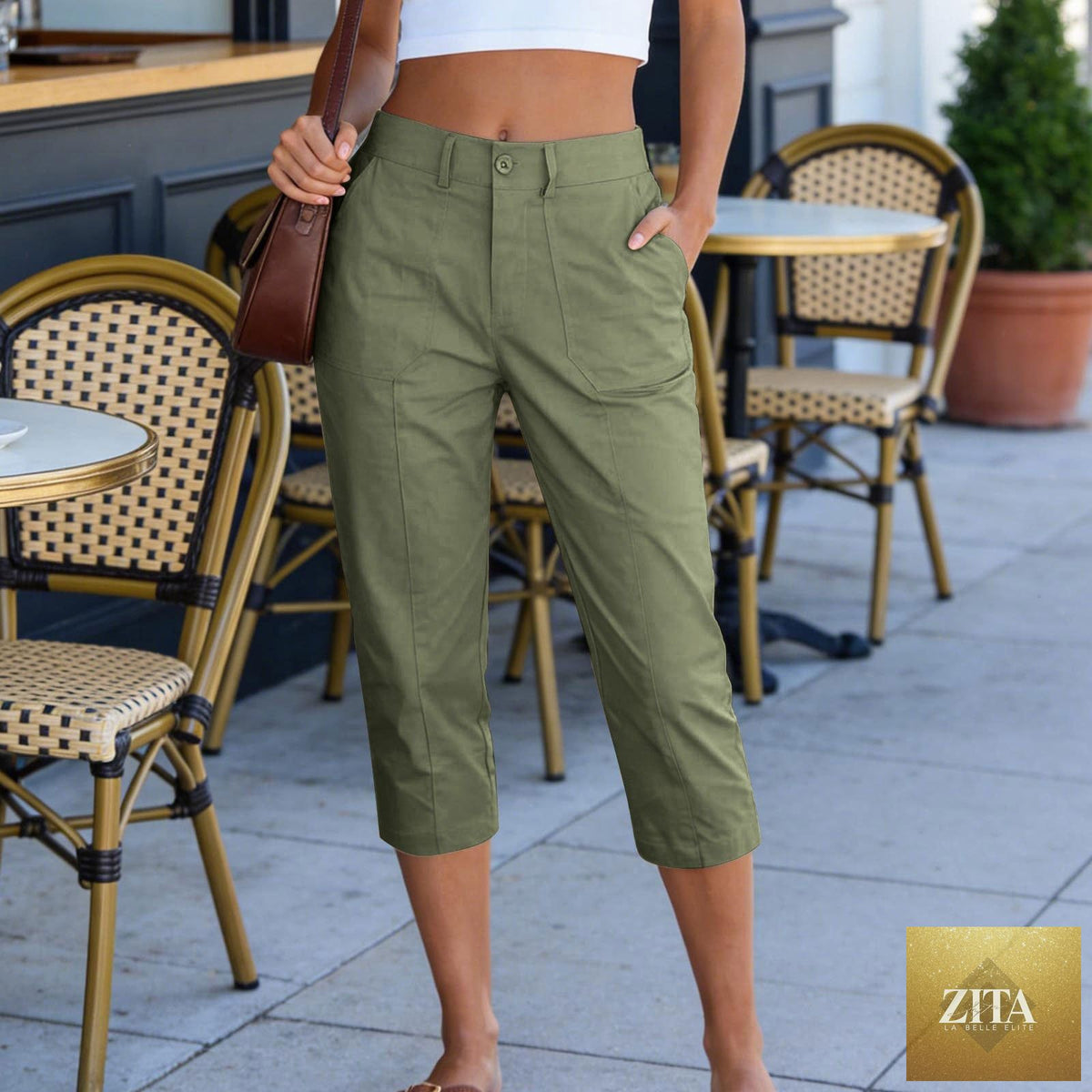Women's high waist cargo capris with patch pockets, casual summer cropped pants by Sell My Stuff, featuring a solid color design.