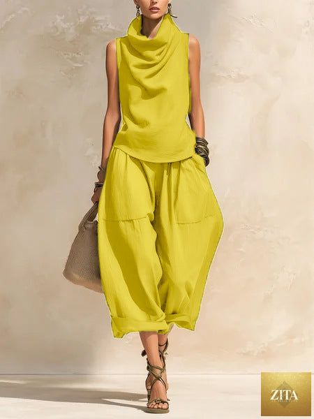 Women's Draped Cowl-Neck Sleeveless Top & Voluminous Balloon Lantern Trouser Set