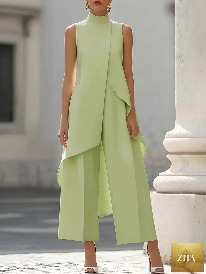 Women's Mock Turtleneck Sleeveless Asymmetric Cascade Drape Longline Top & Wide-Leg Cropped Trouser Set