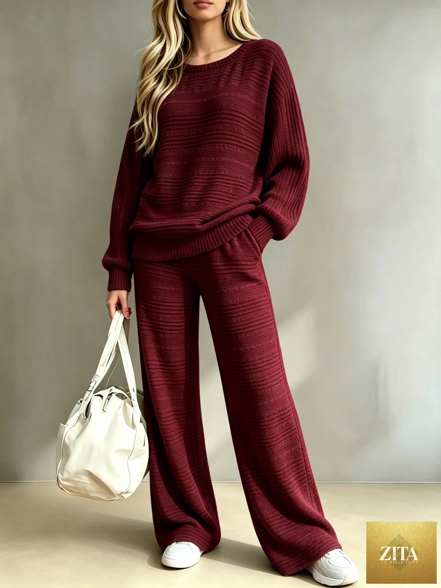 Women's Oversized Horizontal Ladder-Knit Drop-Shoulder Sweater & Wide-Leg Knit Pants Set