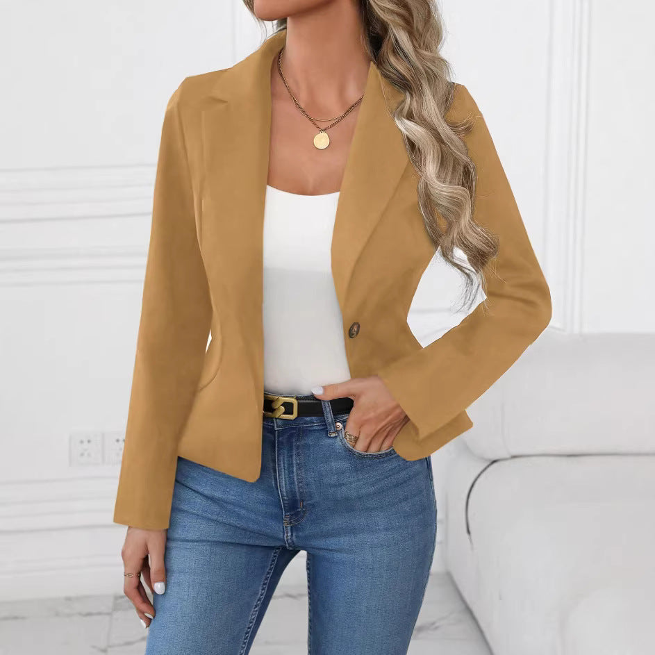 Women's slim fit solid color blazer by FitiqueFit, French style long sleeve coat with tailored design and classic collar.