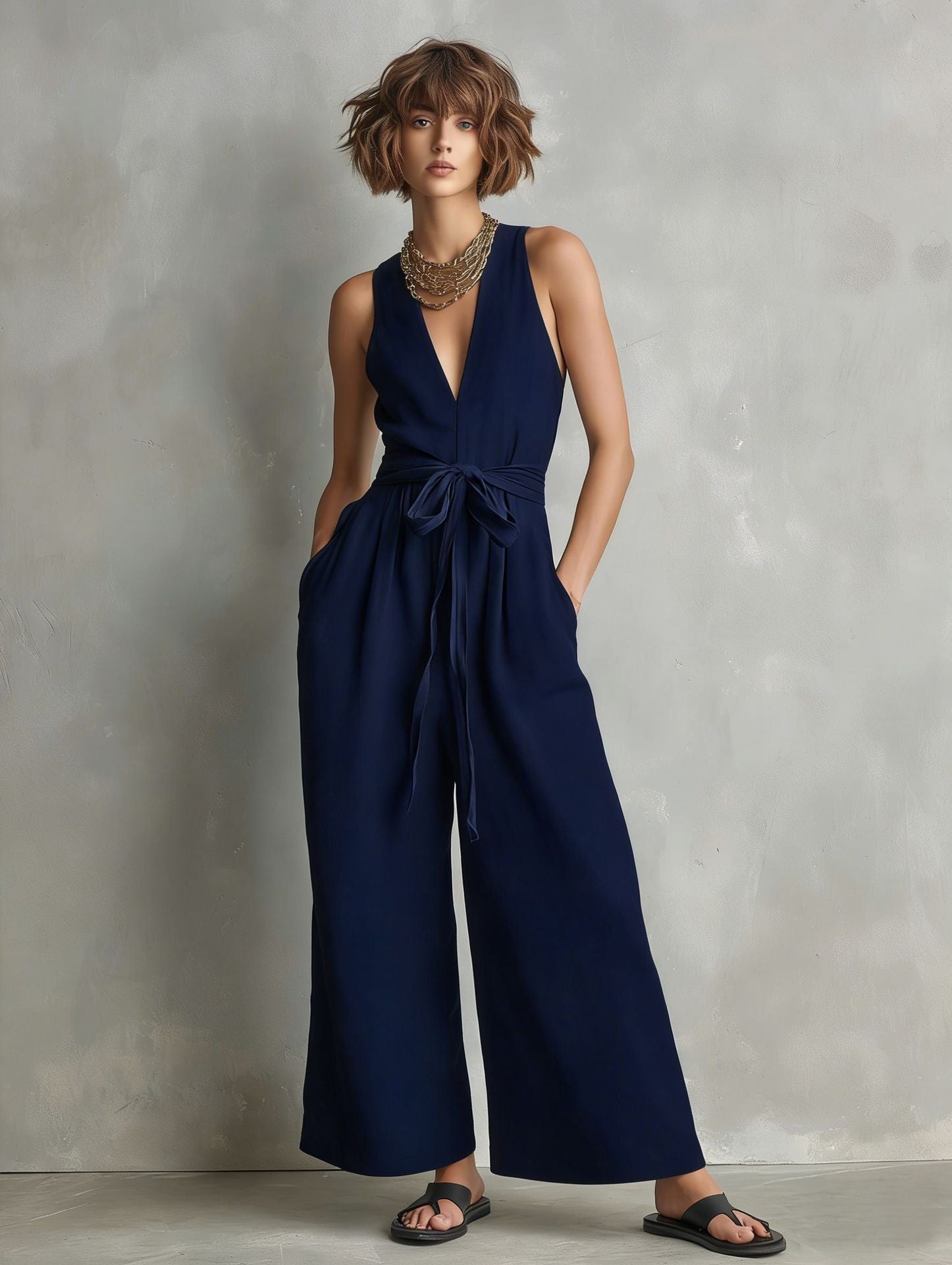 Women's Elegant V-Neck Sleeveless Commuter Jumpsuit