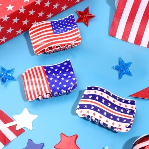 3Pcs American Flag Shaped Claw Clips USA Patriotic 4th Of July Design